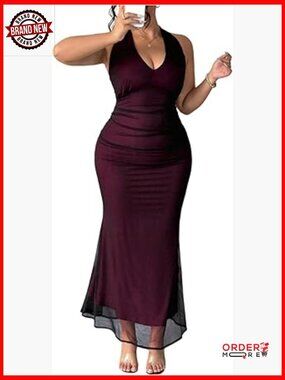 Plus Size Ruffle Halter Dress with Fishtail Bodycon Mermaid Sleeveless Party